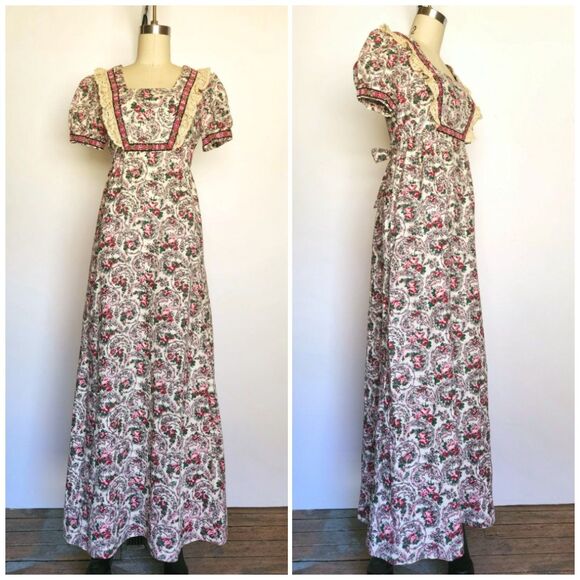 70s Floral Maxi Dress - Prairie Peasant Dress - Gunne Style Dress - Romantic XS - Picture 4 of 9